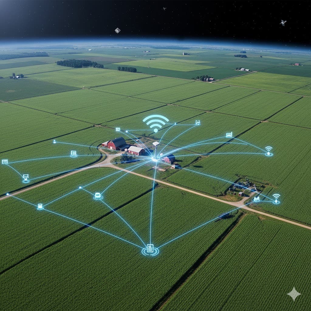 Vista aérea de un campo con Starlink y nodos interconectados.